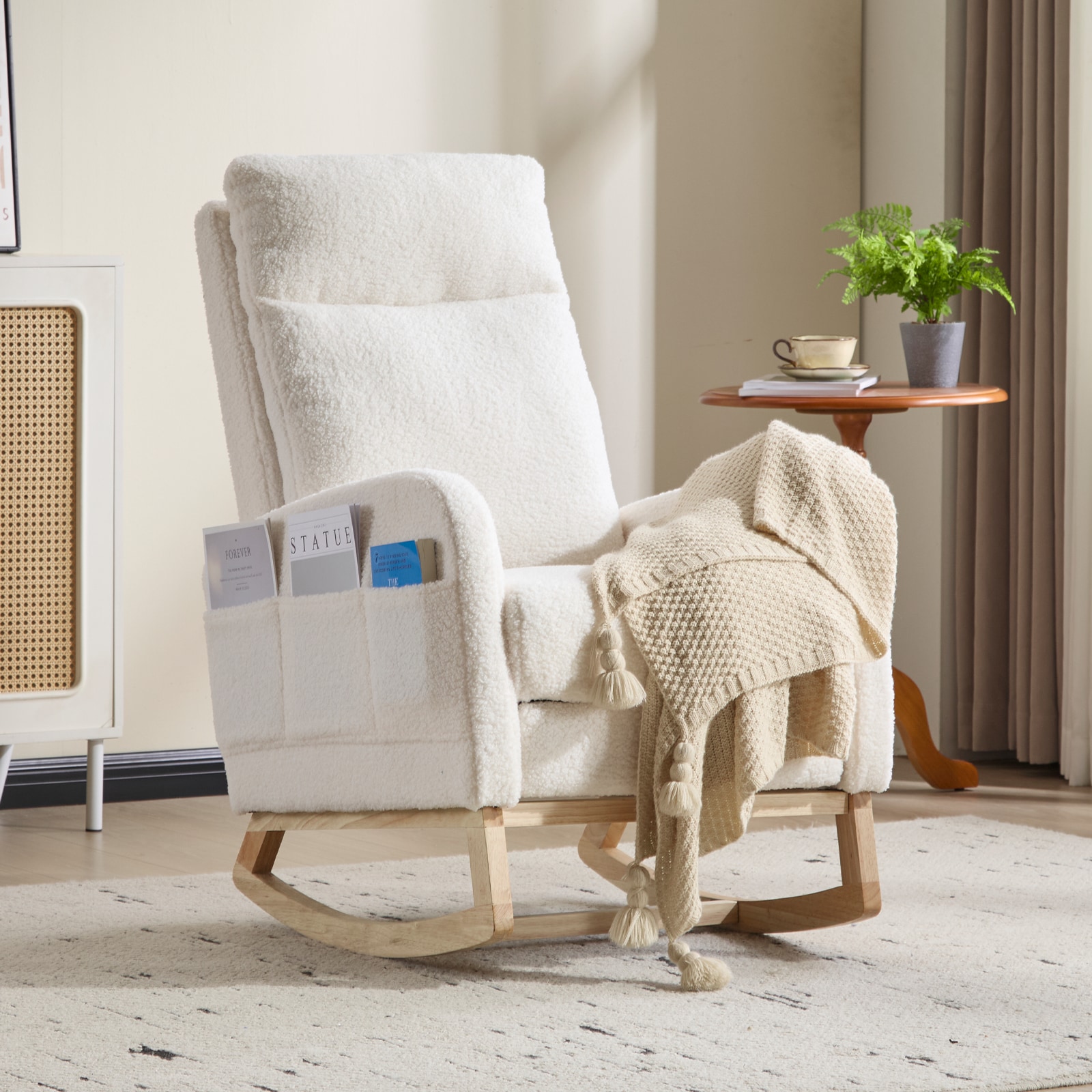 Modern Accent Rocking Chair Rocking Chair With Solid Wood Legs, Upholstered Nursery Glider Rocker, Comfy Armchair With Side Pocket, Living Room Lounge Arm Chair With High Backrest (White,teddy)_voghion.com